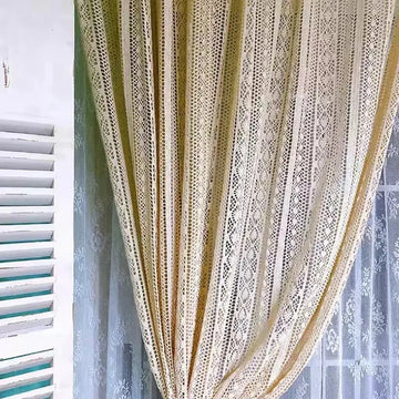 Qfdian Rustic Crochet Curtains Living Room Vintage Farmhouse Knitted Boho Beige Rod Pocket Drapes Tassel Curtain for Bedroom Home Decor